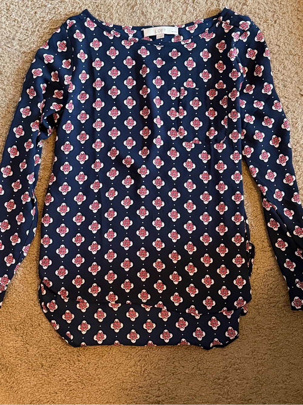 LOFT Navy Floral Medallion Button-Shoulder Blouse